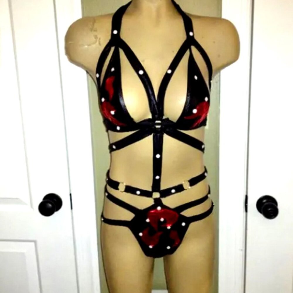 Closeout Price-OOAK sexy studded red/black harness exotic dancer 2 piece